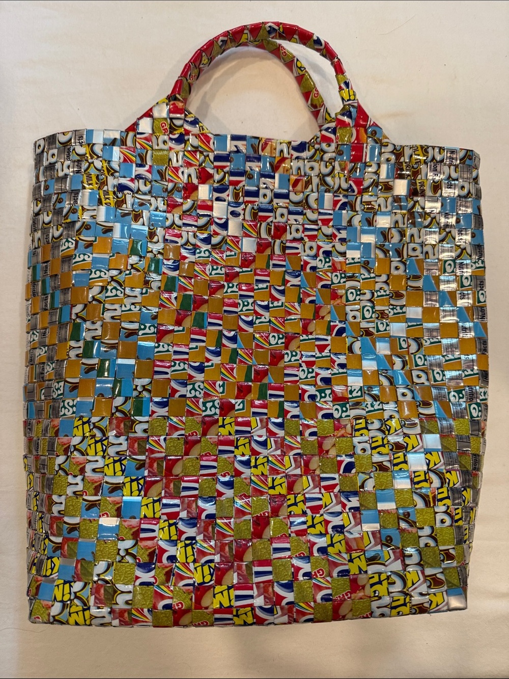 Handmade Recycled Candy Wrapper Tote Bag | Colorful Woven Eco-Friendly